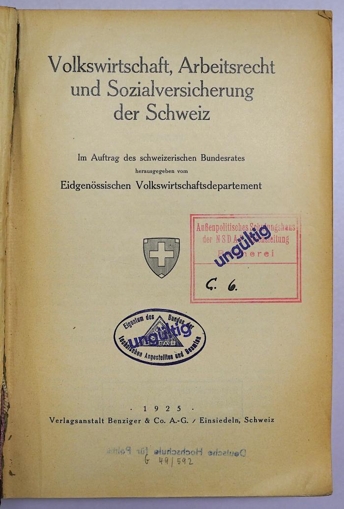 Da 264 : Volkswirtschaft, Arbeitsrecht und Sozialversicherung der Schweiz (1925)