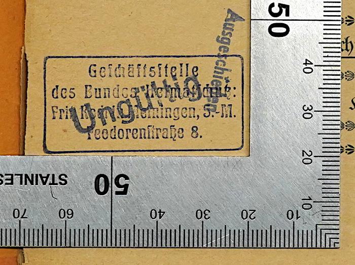 Er 428 : Heimatschutz und Volkswirtschaft (1905);- (Geschäftsstelle des Bundes Heimatschutz Meinigen;Koch, Fritz), Stempel: Berufsangabe/Titel/Branche, Name, Ortsangabe, Preis; 'Geschäftsstelle des Bundes Heimatschutz: Fritz Koch in Meiningen, 5.-M. Feodorenstraße 8.'. 
