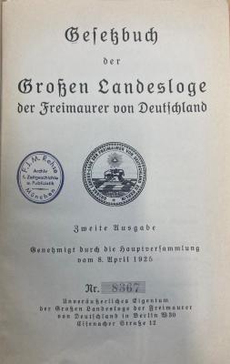 00/4019 : Gesetzbuch der Großen Landesloge der Freimaurer von Deutschland (1925)