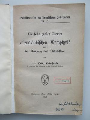 Uf 35 (ausgesondert)  : Die sechs großen Themen der abendländischen Metaphysik und der Ausgang des Mittelalters. (1922)