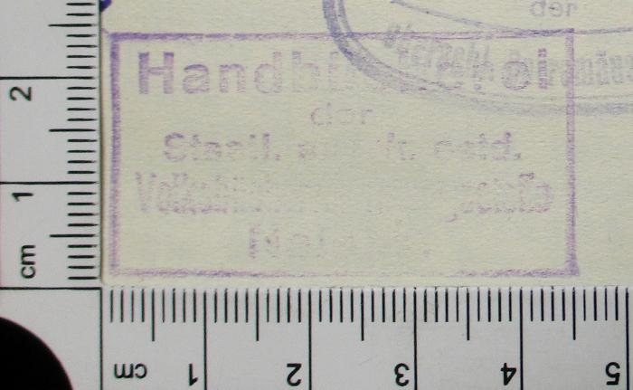 -, Stempel: Exlibris; 'Handbücherei der Staatl. anerk. ostd. Volksbücher[beschaffungsgs]stelle Ne[isse]'