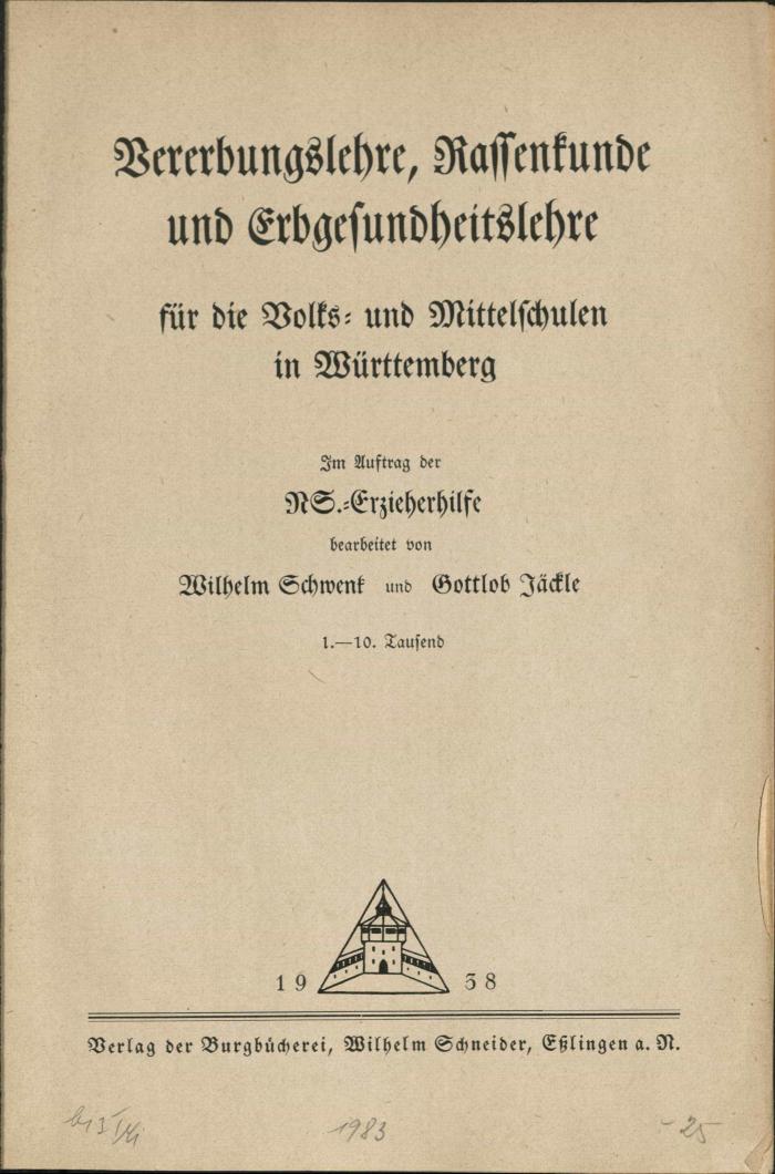 -, Papier: ; 'Vererbungslehre, Rassenkunde und Erbgesundheitslehre […] 1938'