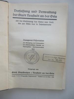 Ve 5580 (ausgesondert) : Verfassung und Verwaltung der Stadt Neustadt an der Orla seit der Entstehung des Rates (um 1365) bis zur Mitte des 16. Jahrhunderts. (1928)
