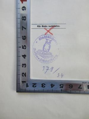 - (Stadtbücherei (Schöneberg, Berlin)), Stempel: Berufsangabe/Titel/Branche, Ortsangabe, Nummer; 'Stadtbücherei Berlin-Schöneberg
179/34
'. 