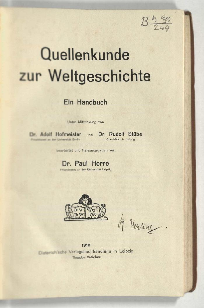 - (Dolezalek, Alexander), Von Hand: Signatur; 'B n 910/249'. 
