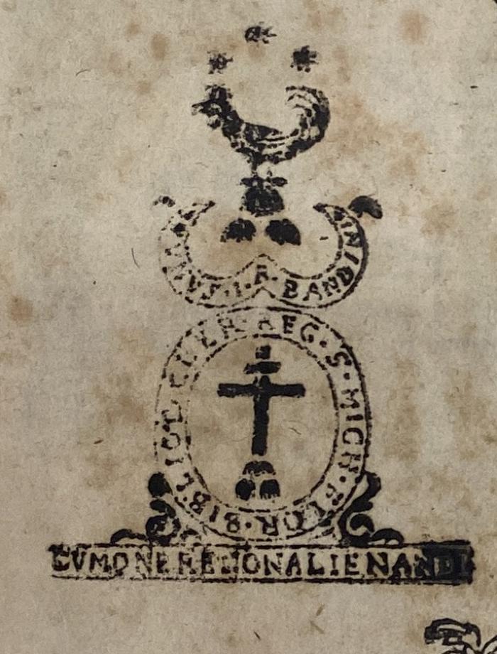 -, Stempel: Name; 'Bibliot Cler Reg S Mich Flor Mvnvs I.B. Bandini Cvm Onere Non Aliendi' (Prototyp)