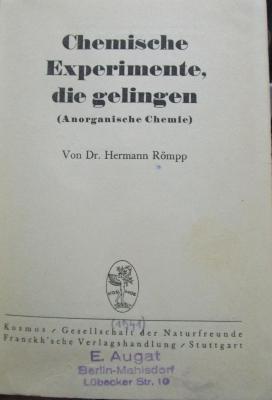 Kd 202 1941: Chemische Experimente, die gelingen (Anorganische Chemie) (1941)