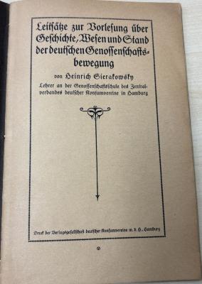 1936 A 15505 : Leitsätze zur Vorlesung über Geschichte, Wesen und Stand der deutschen Genossenschaftsbewegung 
 (1925)
