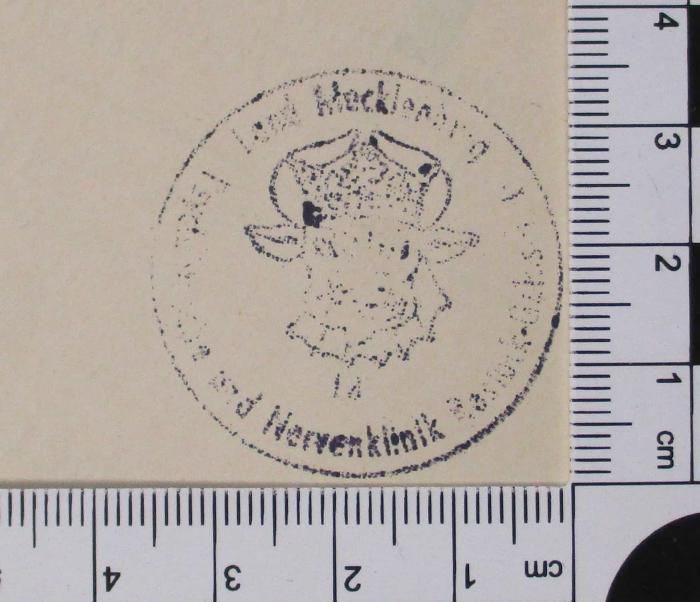 -, Stempel: Exlibris; 'Land Mecklenburg Psychiatrische und Nervenklinik Rostock-[...]' (Prototyp)