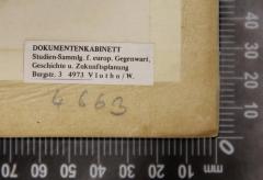 - (Dolezalek, Alexander;Gesamteuropäisches Studienwerk e.V. – Ost-West-Institut der politischen Jugend- und Erwachsenenbildung), Etikett: Exlibris, Ortsangabe; 'DOKUMENTENKABINETT
Studien-Sammlg. f. europ. Gegenwart,
Geschichte u. Zukunftsplanung
Burgstr. 3 4973 Vlotho/W.'.  (Prototyp)