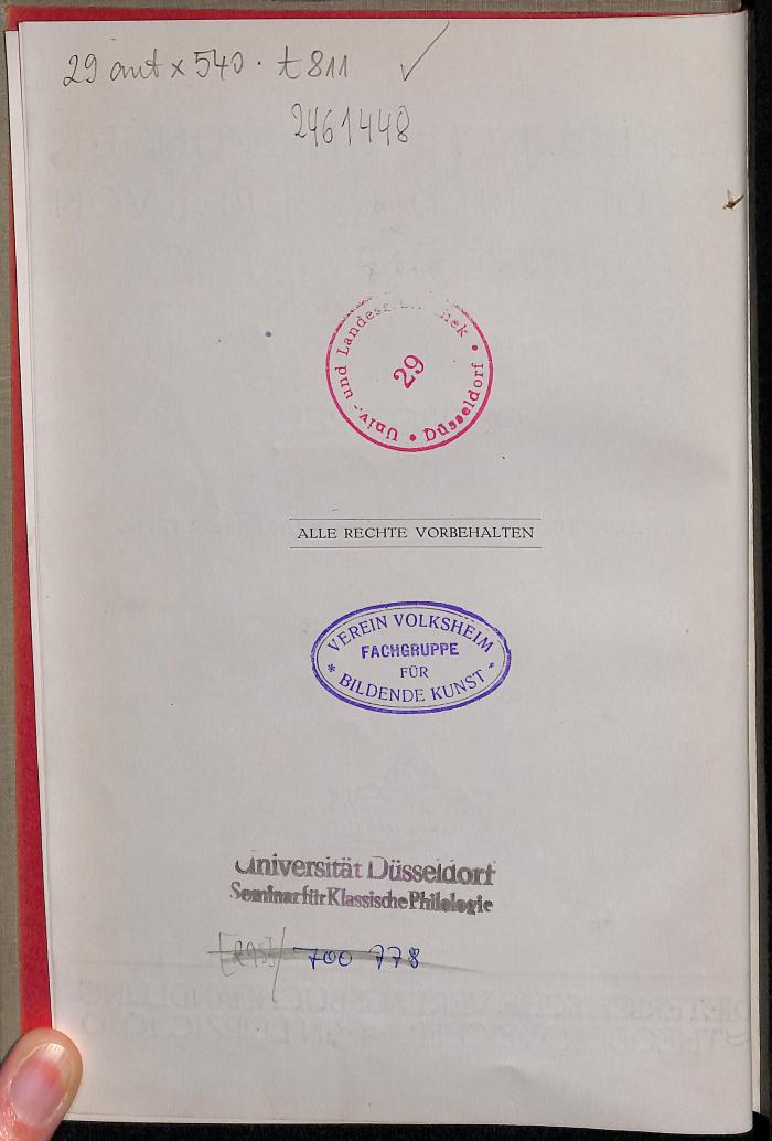 - (Heinrich-Heine-Universität Düsseldorf Institut für Klassische Philologie), Stempel: Name; 'Universität Düsseldorf Seminar für Klassische Philologie'.  (Prototyp)