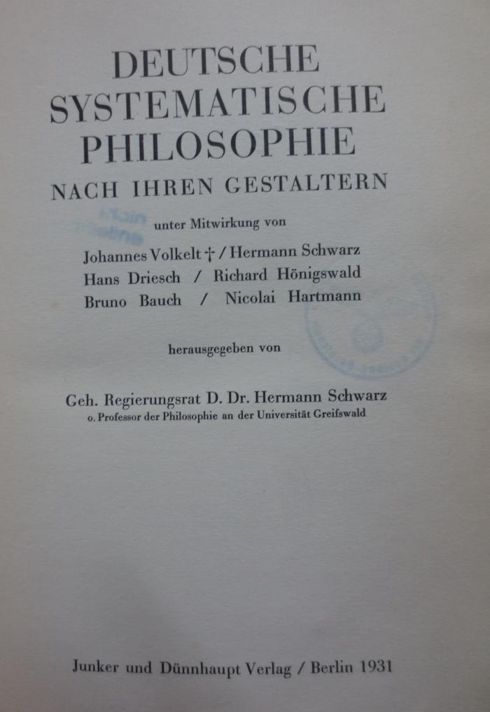 Hc 9 1 2.Ex.: Deutsche systematische Philosophie nach ihren Gestaltern (1931)