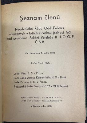 Zs 2133 Jg. 1933 : Seznam členu 1933 : sdružených v ložich s českou jednaci řeči pravomocé České Sekčni Velelože / Nezávislého Řadu Odd Fellows (1933)