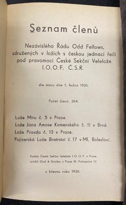 Zs 2133 Jg. 1936 : Seznam členu 1936 : sdružených v ložich s českou jednaci řeči pravomocé České Sekčni Velelože / Nezávislého Řadu Odd Fellows (1936)