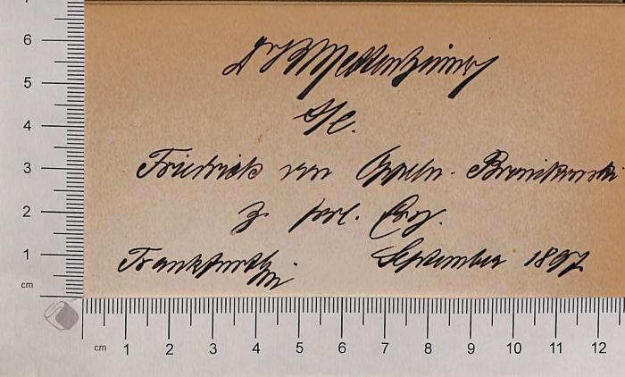 - (Oppeln-Bronikowski, Friedrich von;Mettenheimer), Von Hand: Widmung, Ortsangabe, Datum; 'Dr S [?] Mettenheimer [ein unleserliches Wort] Friedrich von Oppeln-Bronikowski z. [mehrere unleserliche Wörter] Frankfurt M. September 1897'. 