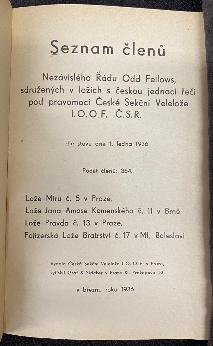 Zs 2133 Jg. 1936 : Seznam členu 1936 : sdružených v ložich s českou jednaci řeči pravomocé České Sekčni Velelože / Nezávislého Řadu Odd Fellows (1936)