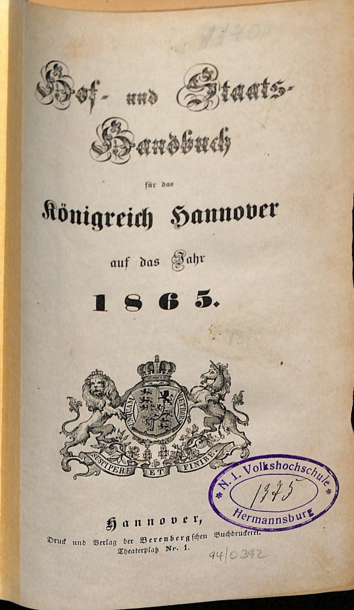 na/0995 : Hof- und Staatshandbuch für das Königreich Hannover (1865)