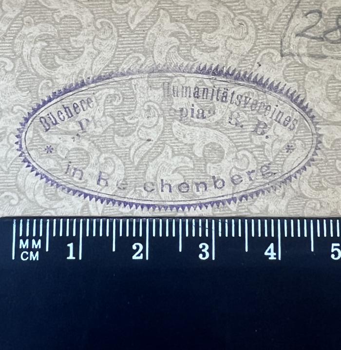 - (Bohemia Bnai Brith), Stempel: Name; 'Bücherei des Isr. Humanitätsvereins „Philantropia“ B. B. in Reichenberg'.  (Prototyp)