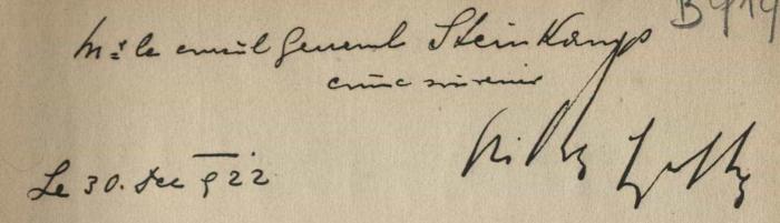-, Von Hand: Widmung; '[…. General Steinkamp … Le 30. Dec …22 …] '
