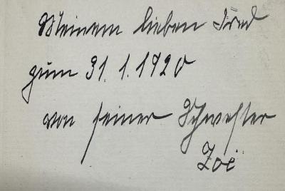 I 3073 3.Ex.: Die Befreiung 1813 - 1814 - 1815. Urkunden Berichte Briefe mit geschichtlichen Verbindungen (1913);- (Rudloff, Zoë von;Rudloff, Leo), Von Hand: Widmung, Name, Datum; 'Meinem lieben Fred zum 31.1.1920 von seiner Schwester Zoë'. 
