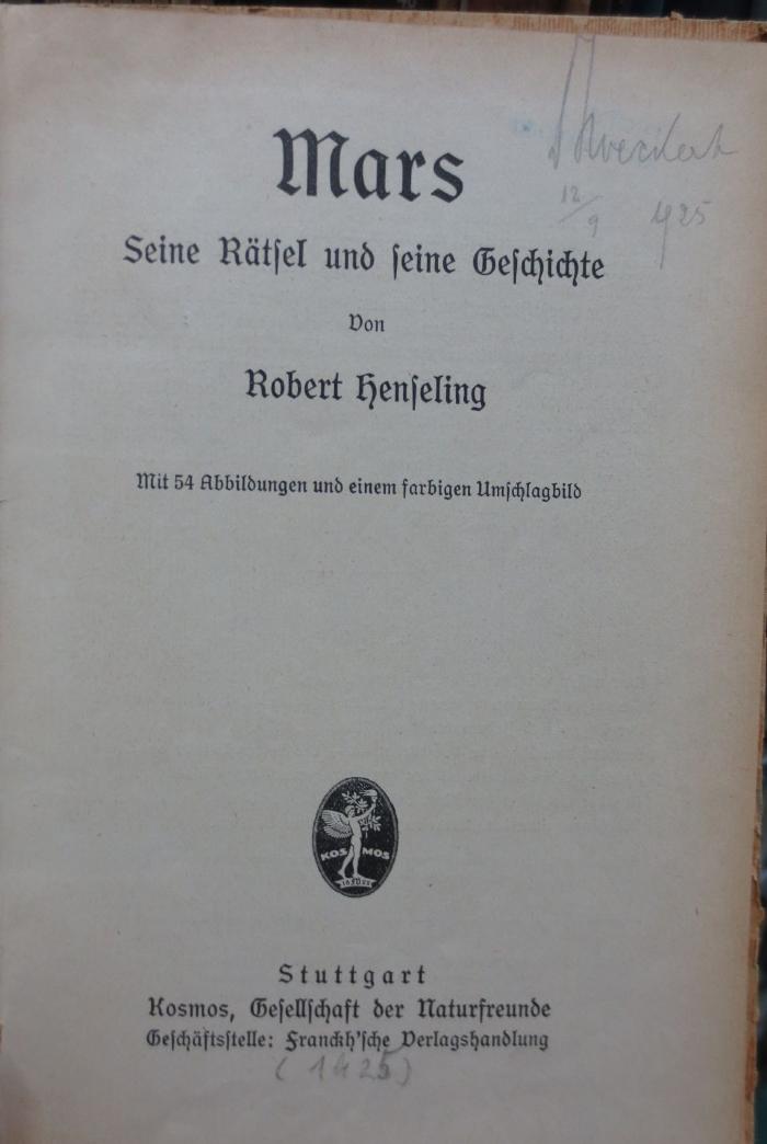 Kb 233: Mars : Seine Rätsel und seine Geschichte (1925)