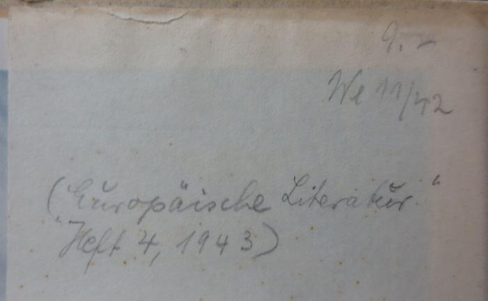 Kc 558 2.Ex.: Kleine Wetterpraktik : Vom Spähen und Schauen - vom Wind und den Wolken (1942);- (unbekannt), Von Hand: Preis, Nummer, Notiz; '9.-
We 11/42

(Europäische Literatur Heft 4, 1943)'. 