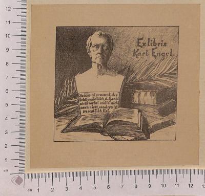 -, Etikett: Exlibris; 'Exlibris Karl Engel
Die Idee ist praesent, der Geist unsterblich, d.h. er ist nicht vorbei und ist nicht noch nicht, sondern ist wesentlich itzt[?]' (Prototyp)
