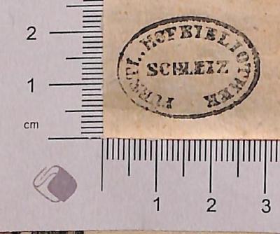 - (Fürstliche Hofbibliothek Schleiz), Stempel: Name; 'FÜRSTL. HOFBIBLIOTHEK SCHLEIZ'.  (Prototyp)