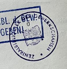 - (Zentralbibliothek der Gewerkschaften. FDGB;Freier Deutscher Gewerkschaftsbund), Stempel: Berufsangabe/Titel/Branche; 'Zentralbibliothek der Gewerkschaften FDGB'.  (Prototyp)