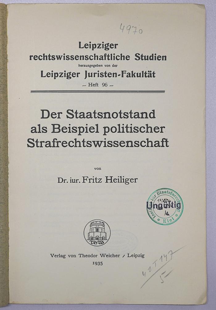 Bl 936 : Der Staatsnotstand als Beispiel politischer Strafrechtswissenschaft (1935)