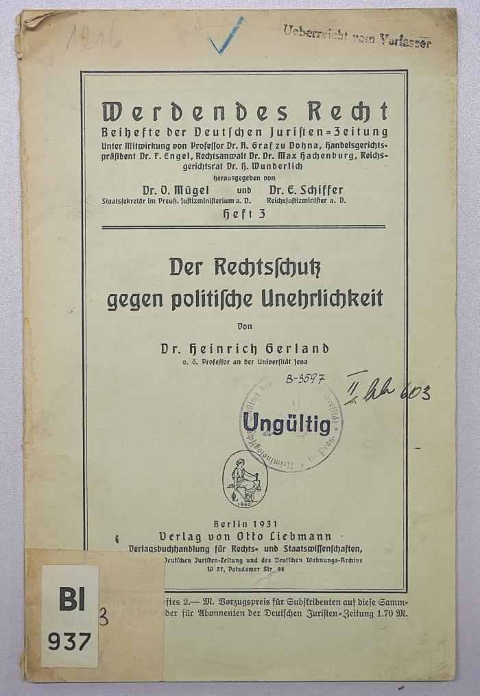 Bl 937 : Der Rechtsschutz gegen politische Unehrlichkeit (1931)