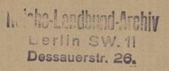 - (Deutschland (Deutsches Reich). Reichslandbund), Stempel: Exlibris; 'Reichs-Landbund-Archiv Berlin SW. 11 Dessauerstr. 26.'. 