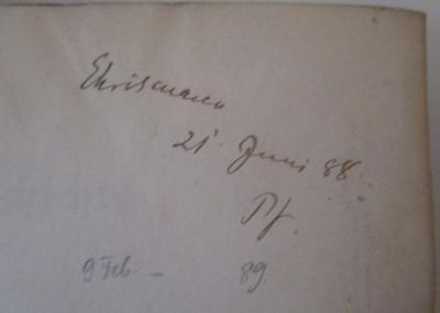 Die Geschichte der Deutschen Universitäten. Erster Band: Vorgeschichte (1888);- (Ehrismann[?], [?]), Von Hand: Name, Datum; 'Ehrismann
21'. Juni 88
Pf'. 