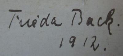 Gustav Mahlers VIII. Symphonie : Thematische Analyse (1912);- (Bach[?], Frieda), Von Hand: Name, Autogramm, Datum; 'Frieda Bach.
1912.'. 