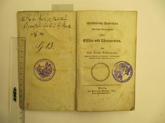  Geschichtliche Nachrichten aus dem Altherthume über Essäer und Therapeuten (1821);- (unbekannt), Von Hand: Nummer; '9'. ;- (unbekannt), Etikett: -; '[...]'. 