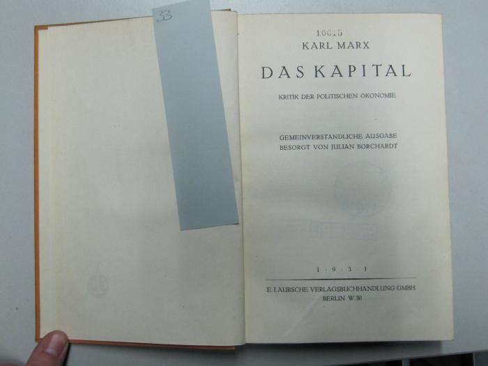55,781/2 : Das Kapital : Kritik der politischen Ökonomie ; Gemeinverständliche Ausgabe (1931)