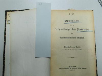 56 32114: Protokoll über die Verhandlungen des Parteitages der Sozialdemokratischen Partei Deutschlands : Abgehalten vom 14. bis 21. November 1892 (1892)