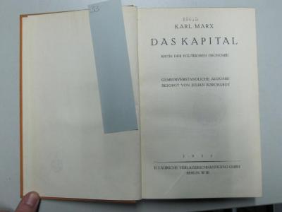 55,781/2 : Das Kapital : Kritik der politischen Ökonomie ; Gemeinverständliche Ausgabe (1931)