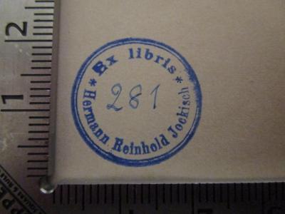 A 3/736 : Satans Kinder : Roman (1897);- (Jockisch, Hermann Reinhold), Stempel: Exlibris, Name; 'Ex libris Hermann Reinhold Jockisch'.  (Prototyp);- (Jockisch, Hermann Reinhold), Von Hand: Exemplarnummer; '281'. 