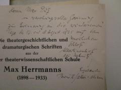 - (Pütz, Max;Satori-Neumann, Bruno Th.), Von Hand: Widmung, Name, Ortsangabe, Datum; 'Herrn Max Pütz in verehrungsvoller Gesinnung zur Erinnerung an die "wundersamen" Tage des 17. und 18. August 1935 auf dem unr[...] Schloss Albertinenhof bei Nahmitz, ergebenst Bruno Th. Satori-Neumann'. 