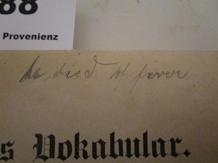  Englisches Vokabular : Mit Bezeichnung der Aussprache (1885);- (Liebenthal, Ida), Von Hand: Notiz; 'he died of fever'. 