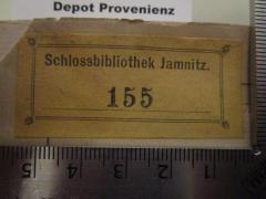 - (Schlossbibliothek (Jamnitz)), Etikett: Name, Ortsangabe; 'Schlossbibliothek Jamnitz.'.  (Prototyp)