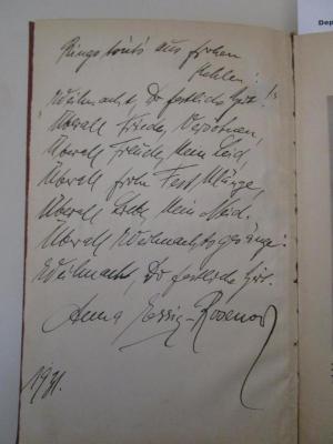  12 Novellen (1916);- (Essig-Rosenow, Anna;unbekannt), Von Hand: Name, Datum, Widmung; 'Rings tönts aus frohen Kehlen: "Weihnacht, die festliche Zeit! Überall Friede, Versöhnen, überall Freude , kein Leid, Überall frohe Festklänge, Überall Liebe, kein Neid. Überall Weihnachtsgesänge, Weihnacht, du festliche Zeit Anna Essig-Rosenow 1931'. 