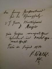 - (Mayer, [?];Wack, Peter), Von Hand: Widmung, Berufsangabe/Titel/Branche, Name, Datum, Ortsangabe, Autor; 'dem Evang. [...]verband für die Rheinpfalz z.H. Herrn Oberkirchenrat Dr Mayer zum Zeichen evangelischer Glaubens- und Volksgemeinschaft. Torza im August 1934, P. Wack [...]'. 