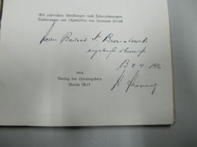  Der Humor bei Struck (1916);- (Broniatowski, Nathan;Hirschberg, Heinrich), Von Hand: Name, Datum, Widmung; 'Herrn Baurat N. Broniatowski ergebenst überreicht B. 8.4.1916 H. Hirschberg'. 