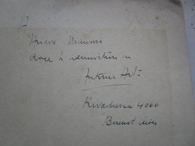 - (Maurois, André;Aitá, Antonio), Von Hand: Name, Ortsangabe, Widmung; 'A Andre Maurois avec l'admiration de Antonio Aita / Rivadavia 4060 Buenos Aires'. ; 4 ensayos (1939)