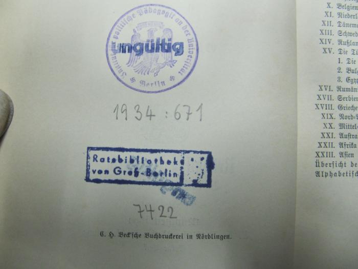 MB 7422: Schulthess' Europäischer Geschichtskalender (1899);- (Friedrich-Wilhelms-Universität Berlin. Institut für Politische Pädagogik), Von Hand: Inventar-/ Zugangsnummer; '1934:671'. 