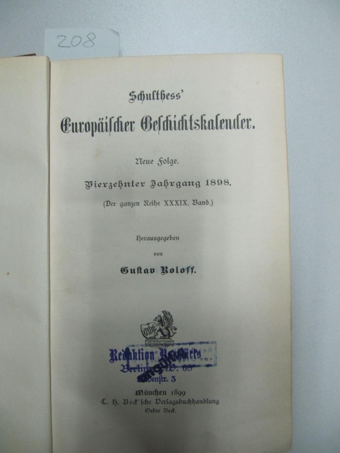 MB 7422: Schulthess' Europäischer Geschichtskalender (1899)