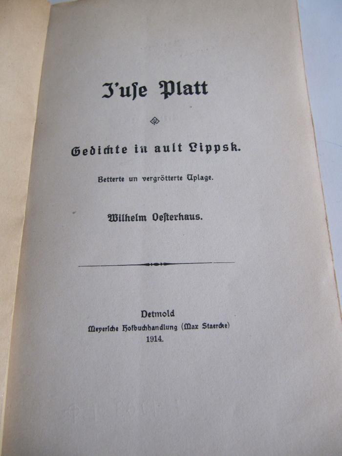 Cm 5557: I'use Platt: Gedichte in ault Lippsk ; betterte un vergrötterte Uplage (1914)
