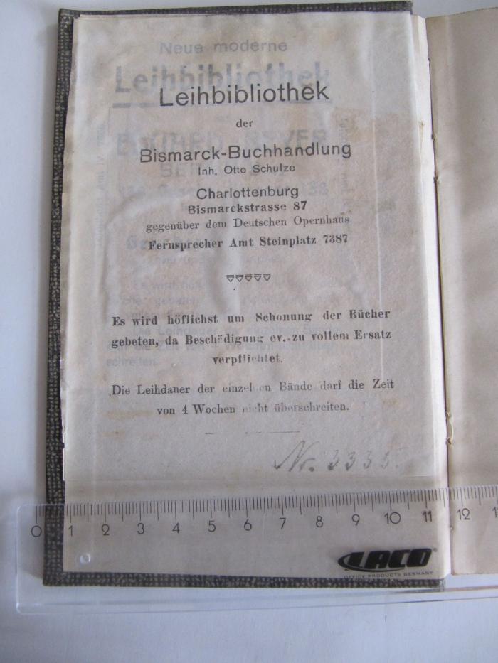 Cm 5417: Römische Dorfgeschichten: enth. Die Sabinerin... (1889);J / 412 (Bismarck Buchhandlung, Schulze, Otto), Etikett: Buchhändler; 'Leihbibliothek der Bismarck-Buchhandlung Inh. Otto Schulze [...] Nr. 3335'. 